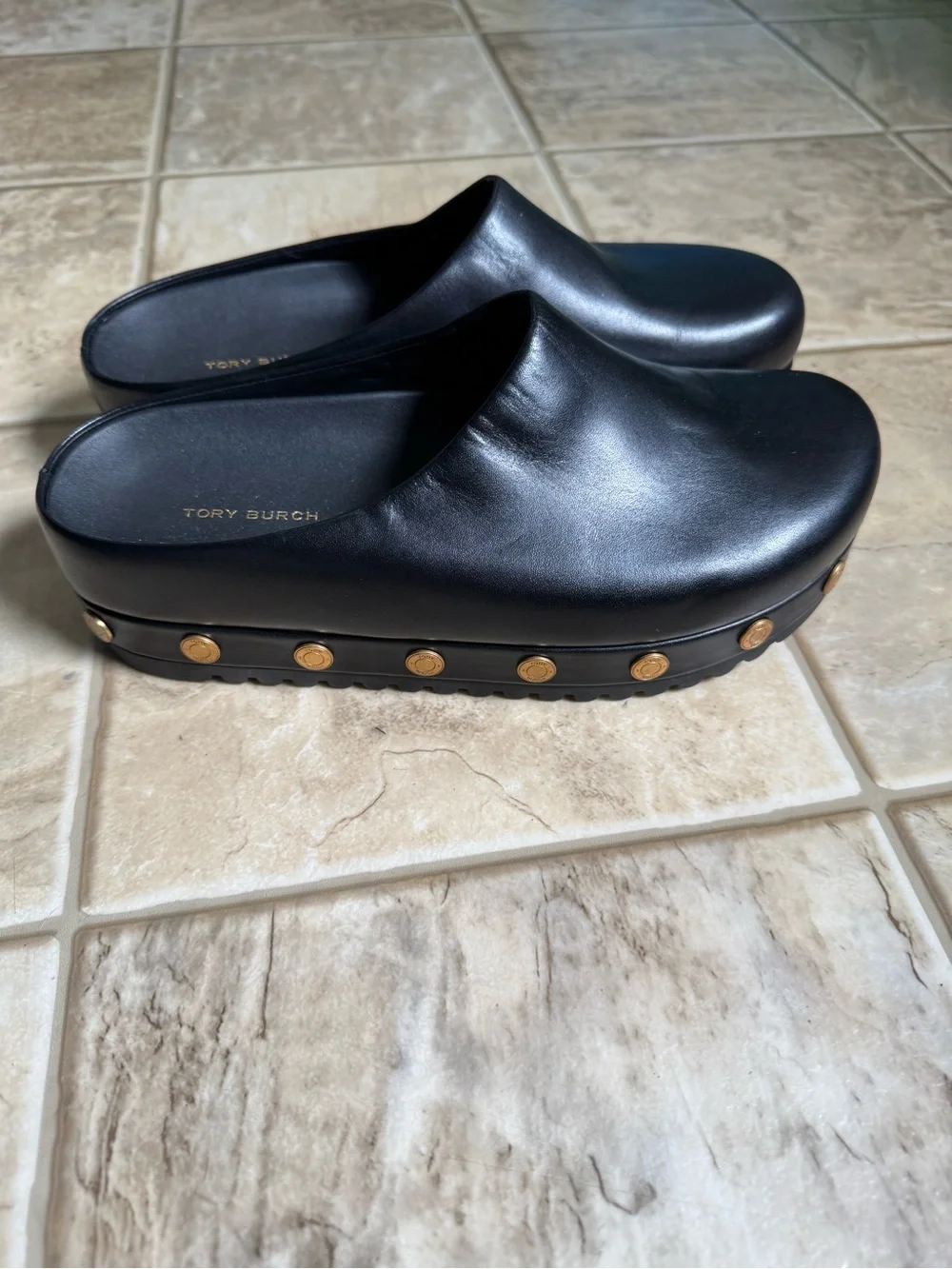 Tory Burch Black Leather Platform Clogs with Gold Studs